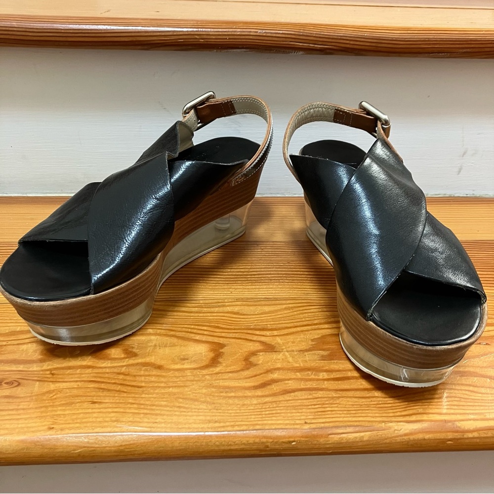 AGL Platform Wedge Lucite Clear Black Leather Criss Cross Sraps Buckle Italy 38